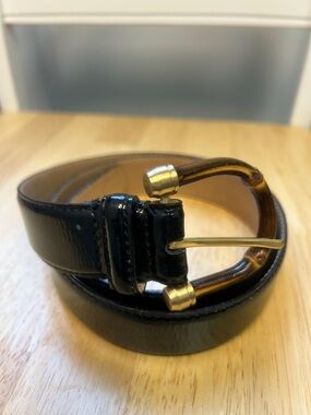 Talbots Black Patent Leather Womens Belt with Bamboo and Gold Metal Buckle Sz M